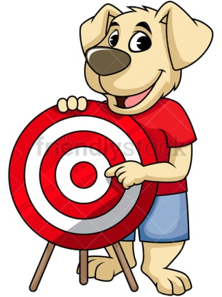 Dog cartoon character pointing at red target. PNG - JPG and vector EPS (infinitely scalable). Image isolated on transparent background.