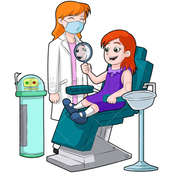 Girl at dentist looking in mirror. PNG - JPG and vector EPS (infinitely scalable). Image isolated on transparent background.