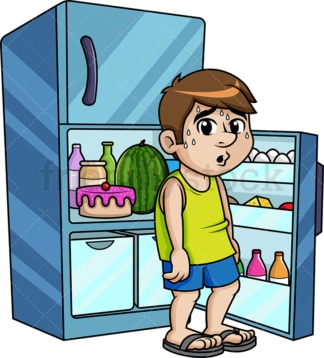 Sweating guy sitting in his freezer to cool off. PNG - JPG and vector EPS (infinitely scalable).