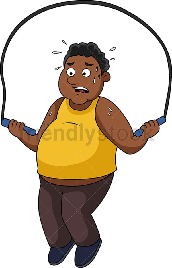 Fat African-American man working out with jump rope. PNG - JPG and vector EPS file formats (infinitely scalable).