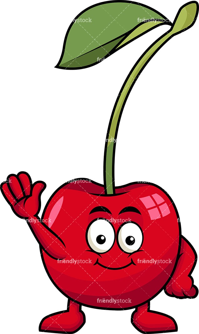 Cute Cherry Mascot Waving Cartoon Vector Clipart - FriendlyStock