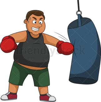 Overweight man wearing boxing gloves and training with heavy bag. PNG - JPG and vector EPS file formats (infinitely scalable).