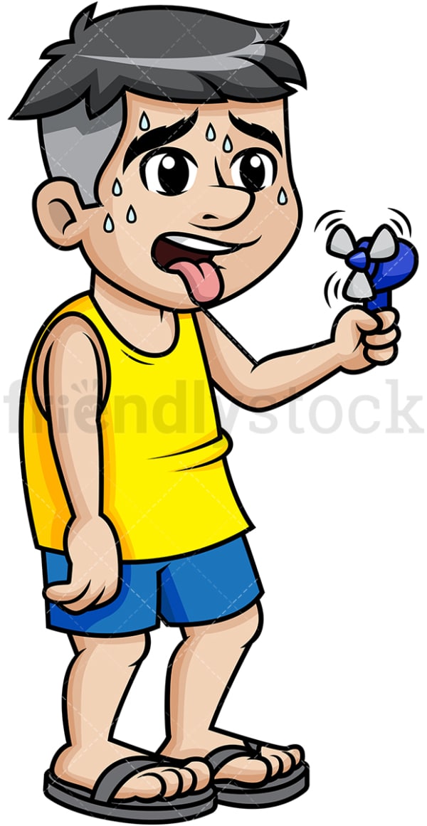 Sweating guy holding mini fan to cool off. PNG - JPG and vector EPS (infinitely scalable).