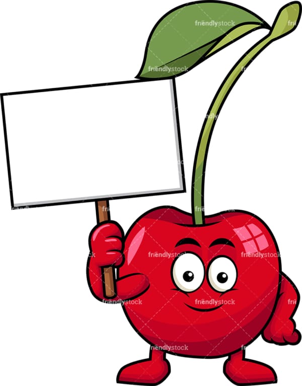 Cherry cartoon character holding blank sign. PNG - JPG and vector EPS (infinitely scalable). Image isolated on transparent background.
