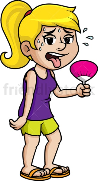 Sweating girl with hand-held fan. PNG - JPG and vector EPS (infinitely scalable).