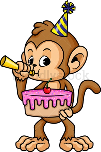 Monkey cartoon character holding birthday cake. PNG - JPG and vector EPS (infinitely scalable).