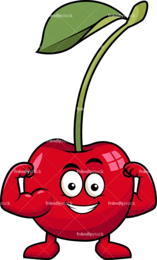 Cherry cartoon character flexing muscles. PNG - JPG and vector EPS (infinitely scalable). Image isolated on transparent background.