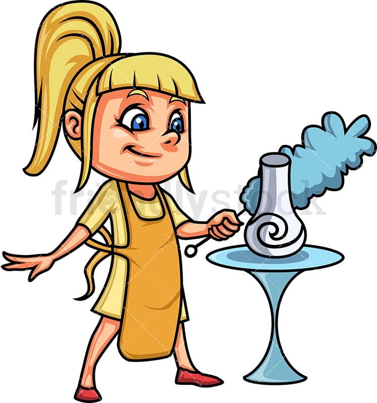 Blonde Little Girl Dusting Cartoon Clipart Vector - FriendlyStock