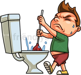Kid using plunger to unclog toilet. PNG - JPG and vector EPS (infinitely scalable).