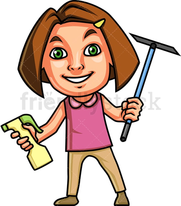 Girl holding cleaning tools. PNG - JPG and vector EPS (infinitely scalable).