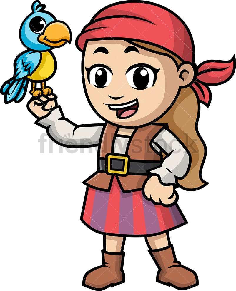 Pirate Girl Holding Parrot Cartoon Vector Clipart - FriendlyStock