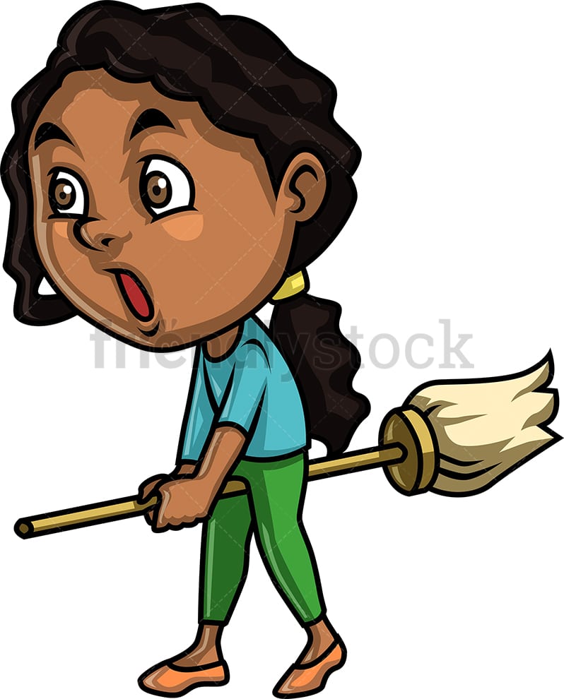Black Little Girl Not Doing Much Cleaning Cartoon Clipart