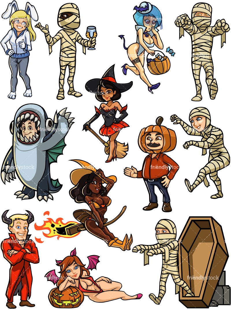 Mensen In Halloween Kostuums Cartoon Vector Clipart - Friendlystock