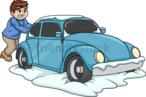 Guy pushing car stuck in snow. PNG - JPG and vector EPS (infinitely scalable).