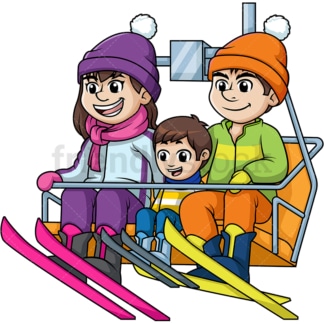 Family riding a ski lift up a hill. PNG - JPG and vector EPS file formats (infinitely scalable). Image isolated on transparent background.