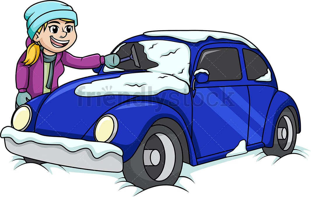 Woman Cleaning Snow Off Of Car Cartoon Clipart Vector - FriendlyStock
