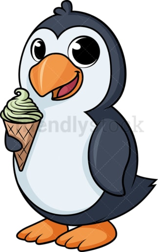 Penguin eating ice cream cartoon. PNG - JPG and vector EPS (infinitely scalable).