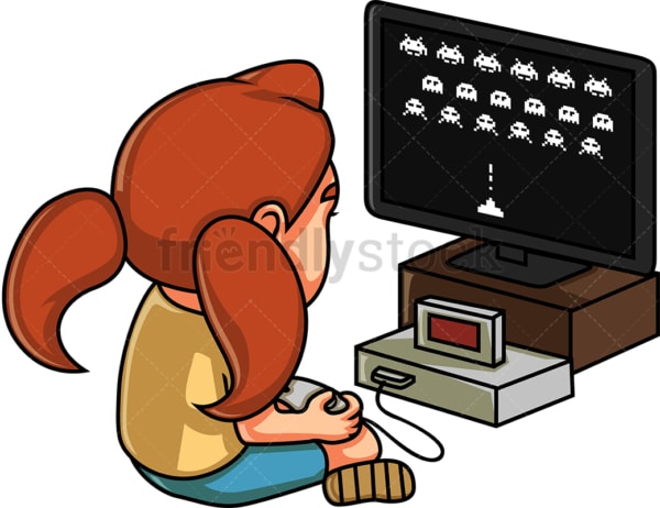 Little girl playing an arcade game. PNG - JPG and vector EPS (infinitely scalable).