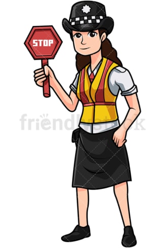 British policewoman holding stop sign. PNG - JPG and vector EPS file formats (infinitely scalable). Image isolated on transparent background.