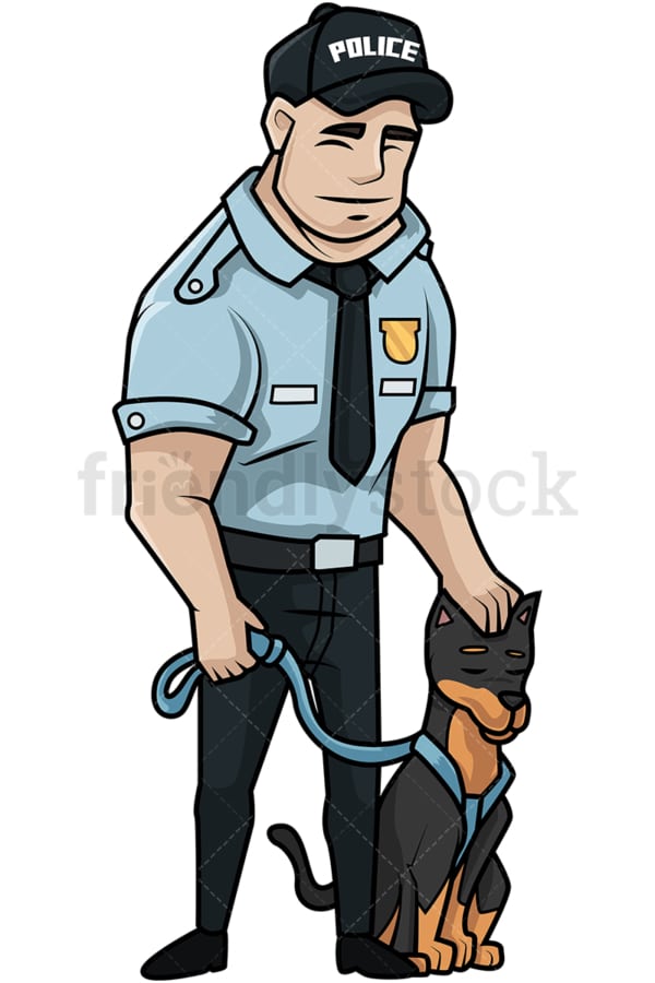 Policeman petting service dog. PNG - JPG and vector EPS file formats (infinitely scalable). Image isolated on transparent background.