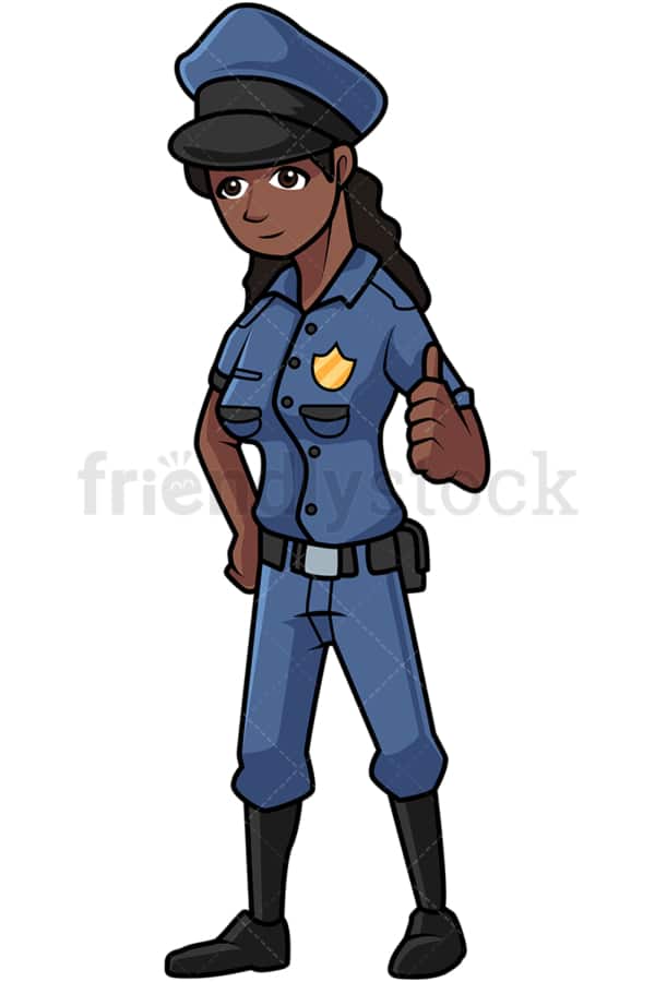Black policewoman giving the thumbs up. PNG - JPG and vector EPS file formats (infinitely scalable). Image isolated on transparent background.
