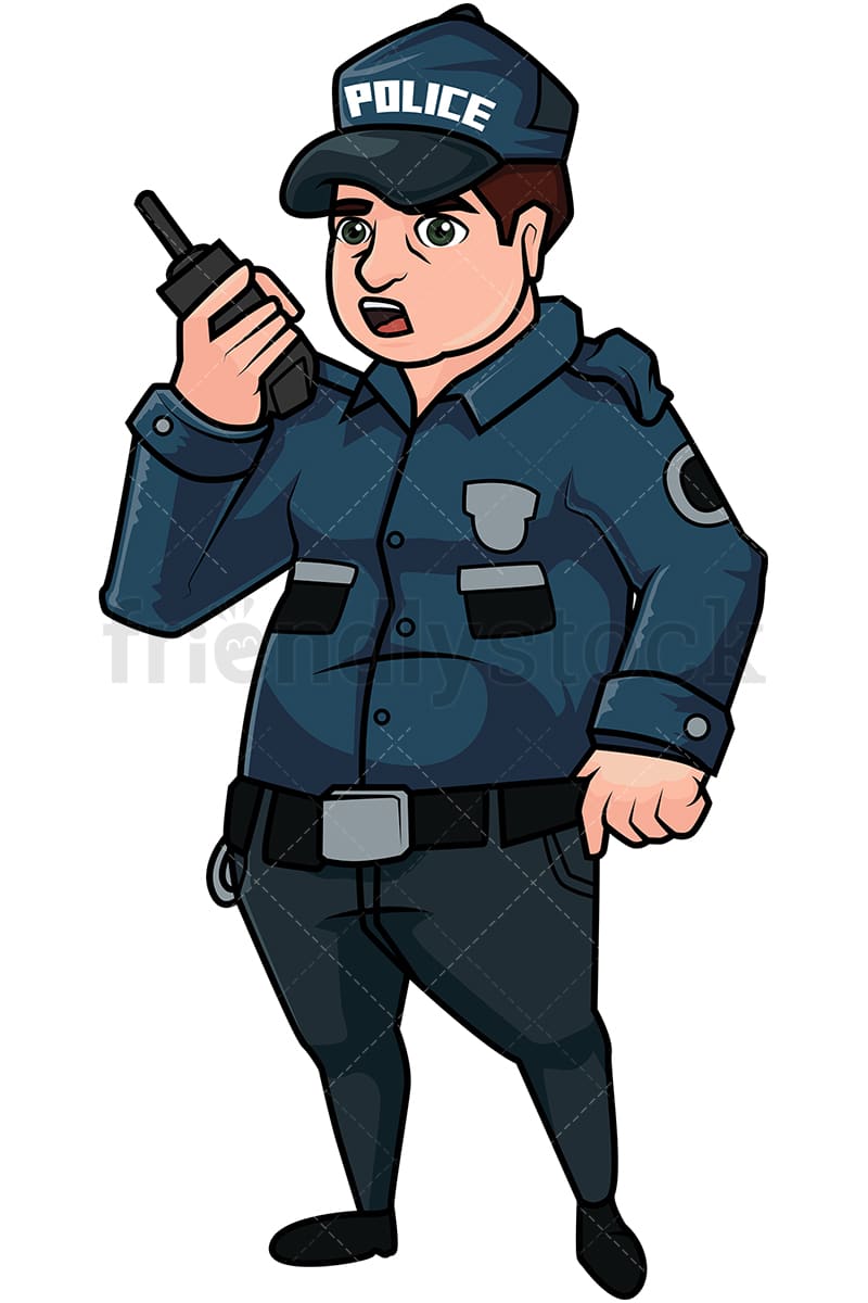 Chubby Cop Talking On Radio Cartoon Vector Clipart - FriendlyStock
