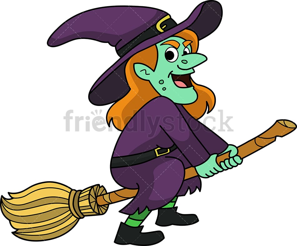 Evil Witch On Magic Broom Cartoon Clipart Vector - FriendlyStock