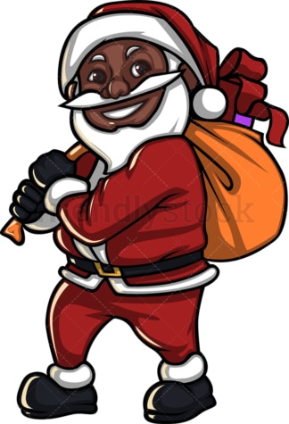Smiling black santa claus with gift bag. PNG - JPG and vector EPS (infinitely scalable). Image isolated on transparent background.