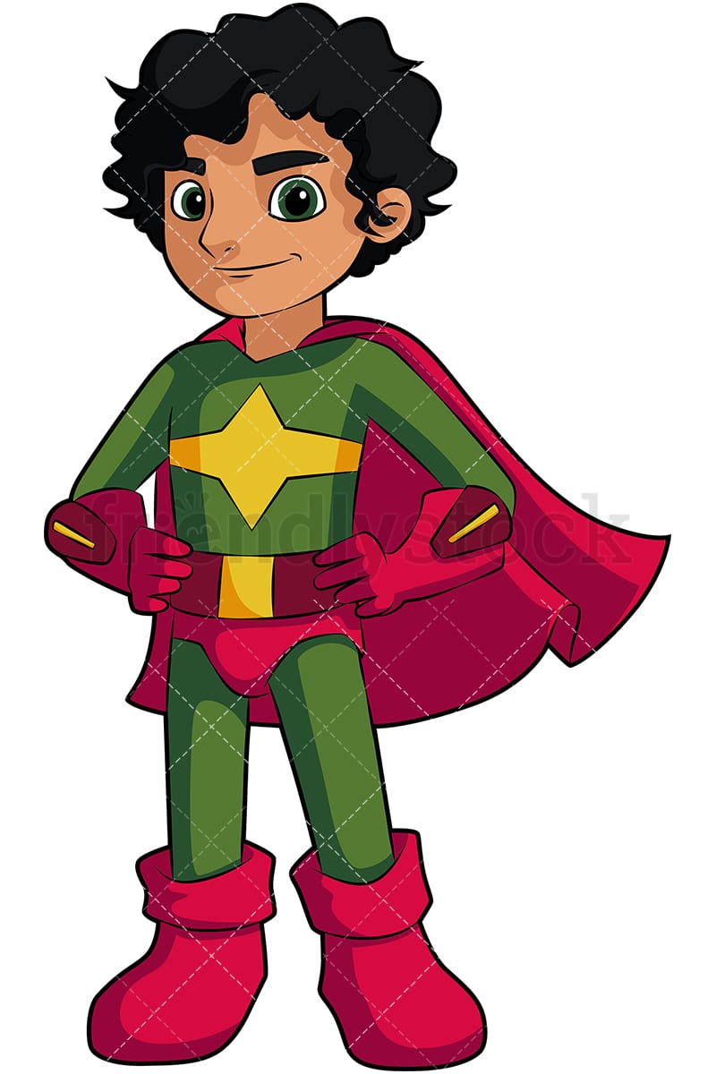 Little Boy Superhero With Cape Cartoon Vector Clipart - FriendlyStock