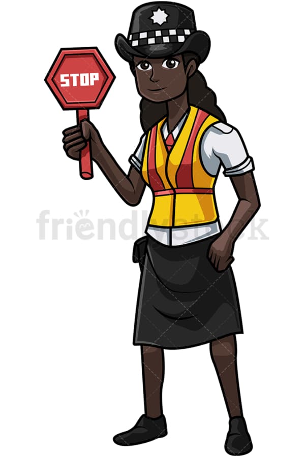 UK black policewoman holding stop sign. PNG - JPG and vector EPS file formats (infinitely scalable). Image isolated on transparent background.