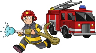 Running firefighter with firetruck. PNG - JPG and vector EPS (infinitely scalable).