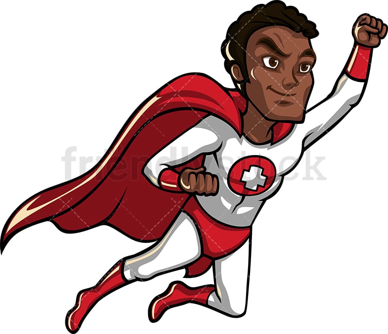 African-American health professional superhero with red cape. PNG - JPG - Vector EPS.