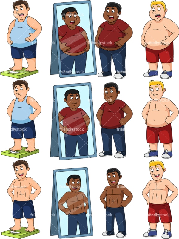 Overweight men before and after. PNG - JPG and vector EPS file formats (infinitely scalable). Images isolated on transparent background.