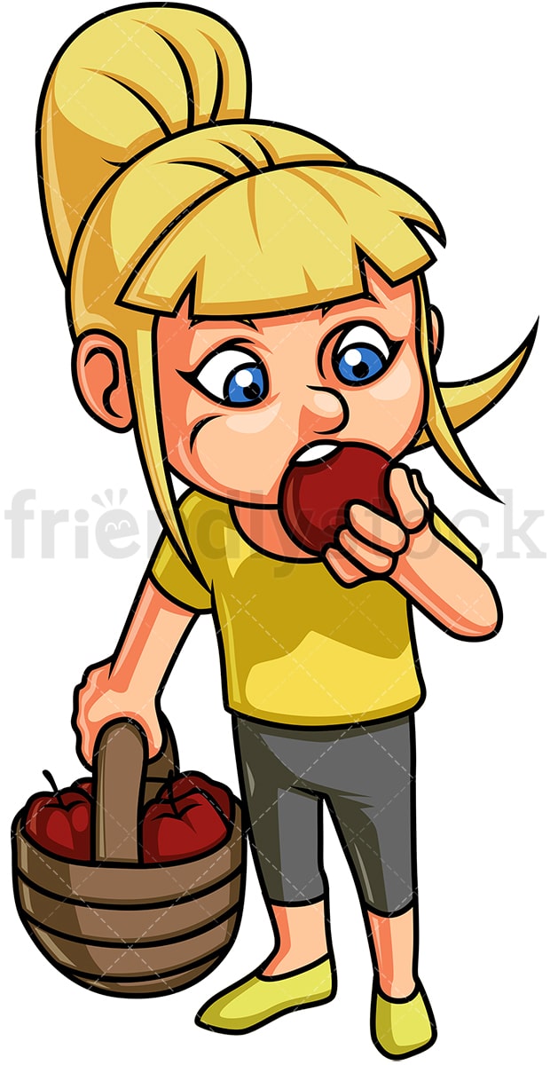 Little Girl Eating Apple Cartoon Clipart Vector - FriendlyStock