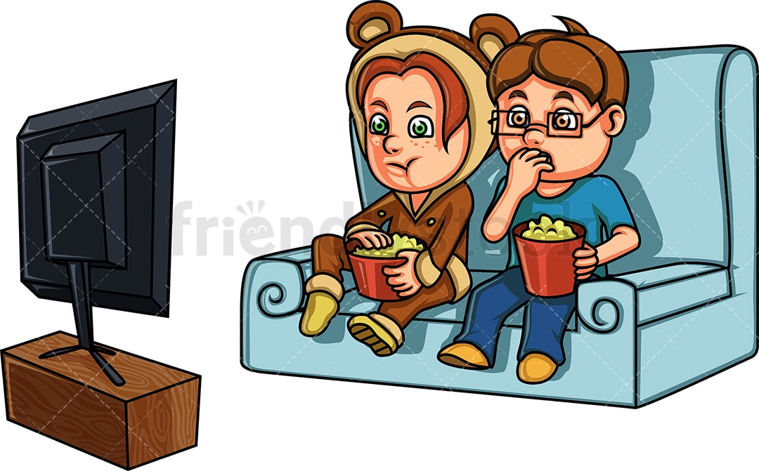 Kids Watching A Home Movie Cartoon Vector Clipart - FriendlyStock