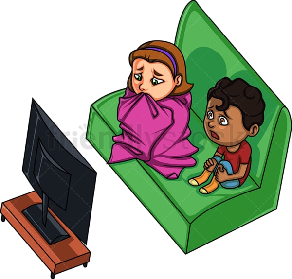 Kids watching a scary movie. PNG - JPG and vector EPS file formats (infinitely scalable). Image isolated on transparent background.