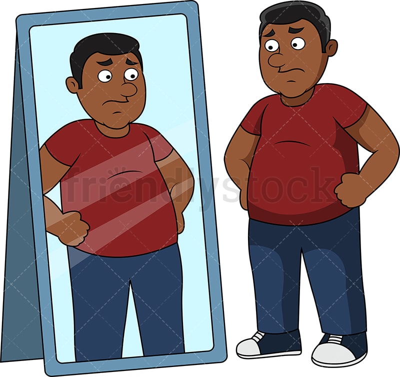 Fat Black Man In Front Of Mirror Cartoon Clipart - FriendlyStock