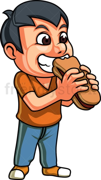 Male kid eating hot dog sandwich. PNG - JPG and vector EPS. Isolated on transparent background.