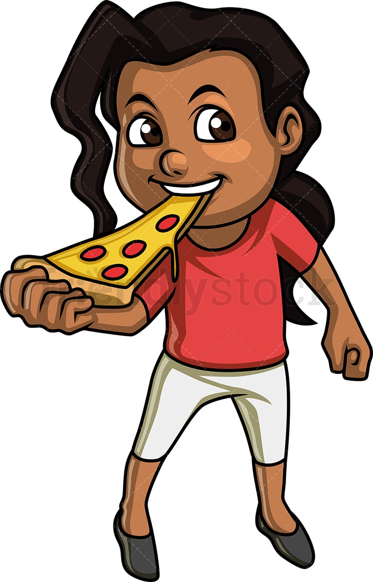 Black Little Girl Eating Pizza Cartoon Clipart Vector - FriendlyStock