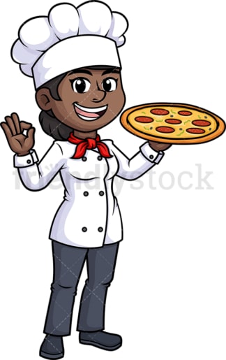 Black female chef holding pizza. PNG - JPG and vector EPS (infinitely scalable).