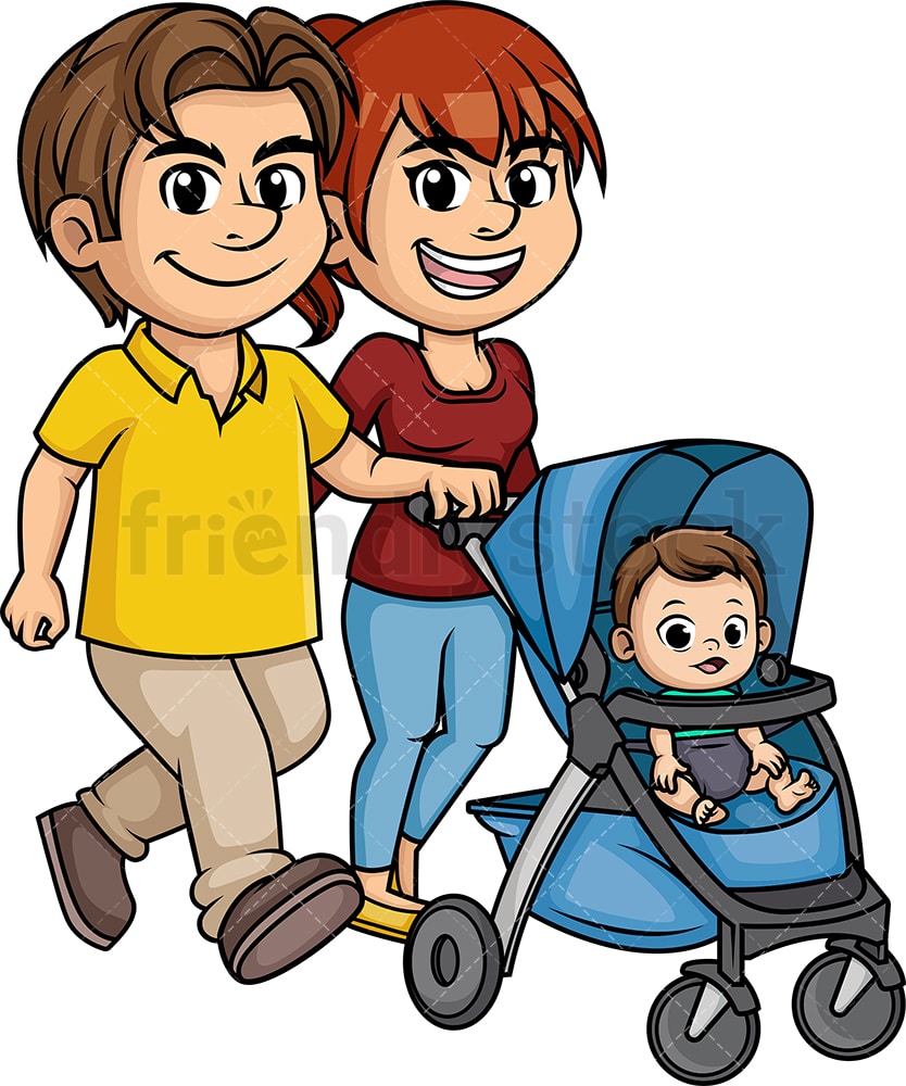 Parents With Baby Stroller Cartoon Vector Clipart - FriendlyStock