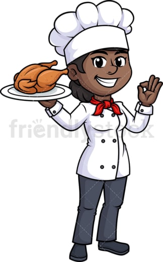 Black female chef holding chicken. PNG - JPG and vector EPS (infinitely scalable).