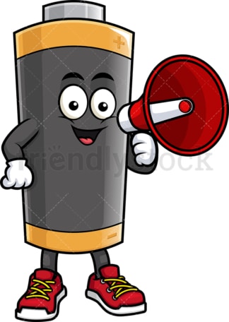 Battery mascot holding loudspeaker. PNG - JPG and vector EPS (infinitely scalable).