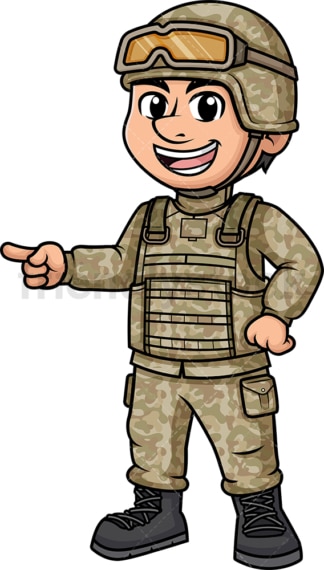 Male soldier pointing sideways. PNG - JPG and vector EPS (infinitely scalable). Image isolated on transparent background.