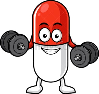 Capsule pill character lifting weights. PNG - JPG and vector EPS (infinitely scalable).