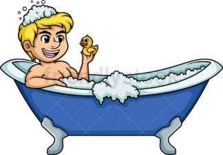 Man holding yellow duck in bathtub. PNG - JPG and vector EPS (infinitely scalable).