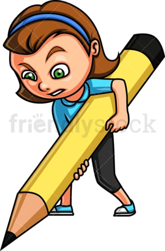 Girl kid holding large pencil. PNG - JPG and vector EPS. Isolated on transparent background.