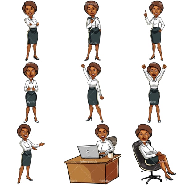 Black businesswoman cartoon collection. PNG - JPG and vector EPS file formats (infinitely scalable). Images isolated on transparent background.