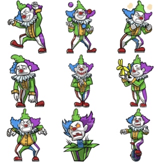 Creepy clown cartoon character. PNG - JPG and infinitely scalable vector EPS - on white or transparent background.