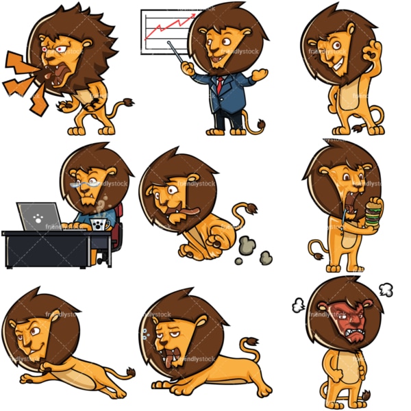 Cute lion mascot character collection 2. PNG - JPG and infinitely scalable vector EPS - on white or transparent background.